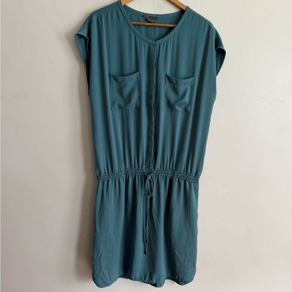 Vince Pocket Shirt Dress Womens Large Blue Teal Scoop Neck Casual